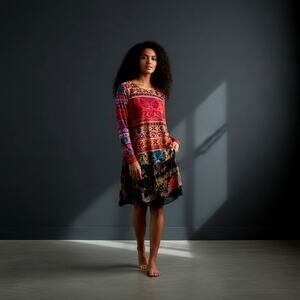 Desigual Mixed Print Jersey Mesh Dress Long Sheer Sleeve Layered Hem Size M